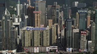 SS01_0025 - 5K stock footage aerial video flyby skyscrapers on Hong Kong Island, China