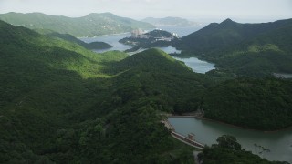 SS01_0061 - 5K stock footage aerial video of green forest around reservoirs on Hong Kong Island, China