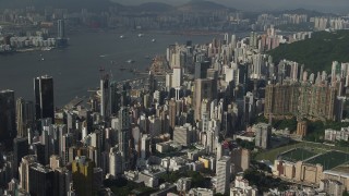 SS01_0095 - 5K stock footage aerial video of skyscrapers on Hong Kong Island seen from the mountains, China