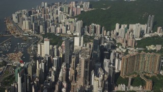 SS01_0097 - 5K stock footage aerial video flyby group of skyscrapers on Hong Kong Island, China