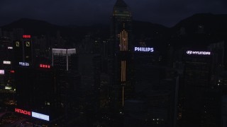 SS01_0135 - 5K stock footage aerial video of Central Plaza and high-rises on Hong Kong Island at nighttime in China