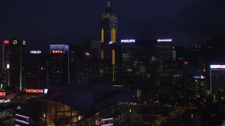 SS01_0153 - 5K stock footage aerial video of Hong Kong Island skyscrapers, office buildings and convention center at night, China