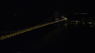 SS01_0243 - 5K stock footage aerial video of flying by the Tsing Ma Bridge in Hong Kong at night, China