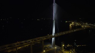 SS01_0266 - 5K stock footage aerial video of orbiting the Stonecutters Bridge at night in Hong Kong, China
