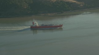 TS01_155 - 1080 stock footage aerial video of an oil Tanker sailing the Carquinez Strait, California