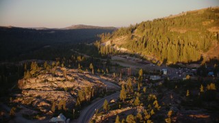 TS01_310 - 1080 aerial stock footage video of following Donner Pass Road to Norden, California