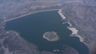 WA007_034 - 4K stock footage aerial video of a bird's eye view of the Perris Reservoir, California