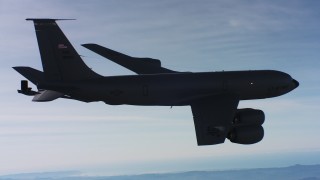 WAAF04_C040_01182N - 4K stock footage aerial video of a Boeing KC-135 in flight over Northern California