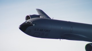 WAAF04_C052_0118NQ - 4K stock footage aerial video of the nose and cockpit of a Boeing KC-135 in flight over Northern California