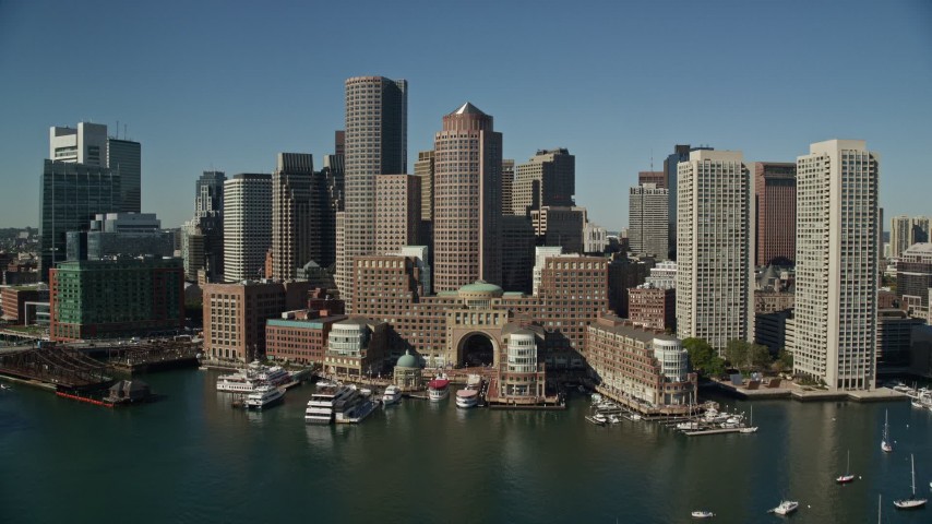 Rowes Wharf, One and Two International Place and skyscrapers in Downtown  Boston, Massachusetts Aerial Stock Photo AX142_037.0000138