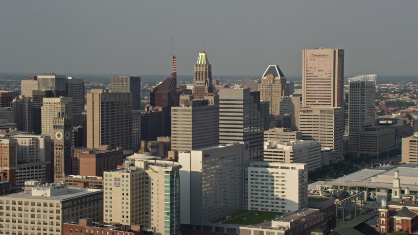 Aerial of Oriole Park at Camden Yards, Baltimore with the B&O Warehouse in  foreground - SuperStock